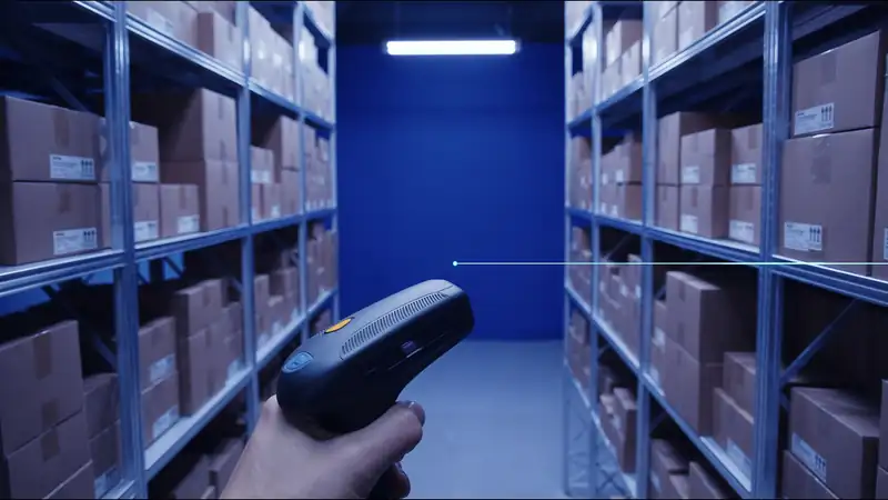 Pasillo de bodega con escáner de código de barras